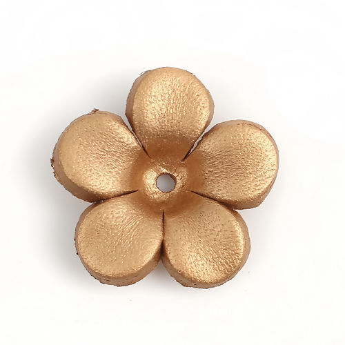 Picture of Real Leather Earring Components Pendants Champagne Gold Flower 26mm x25mm(1" x1") - 25mm x24mm(1" x1"), 3 PCs