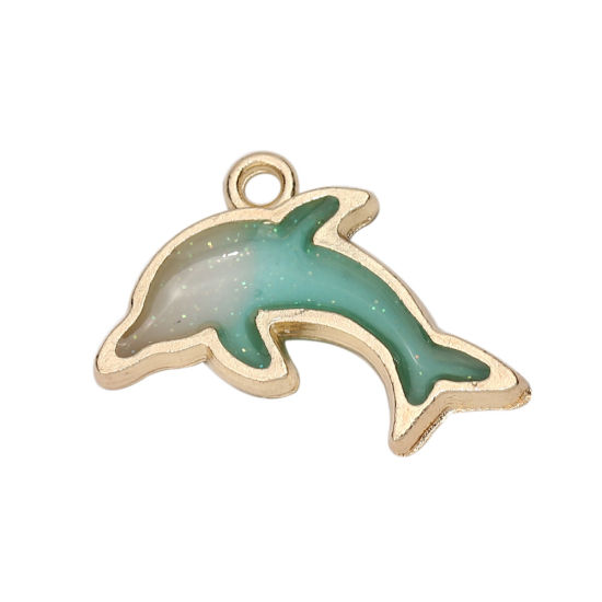 Picture of Zinc Based Alloy Ocean Jewelry Charms Dolphin Animal Gold Plated Blue Enamel Glitter 22mm( 7/8") x 14mm( 4/8"), 10 PCs