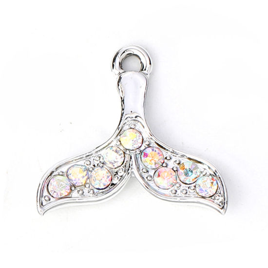 Picture of Zinc Based Alloy Charms Whale Tail Silver Tone AB Color Rhinestone 20mm( 6/8") x 19mm( 6/8"), 10 PCs