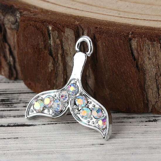 Picture of Zinc Based Alloy Charms Whale Tail Silver Tone AB Color Rhinestone 20mm( 6/8") x 19mm( 6/8"), 10 PCs