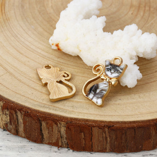 Immagine di Lega di Zinco Charms Gatto Oro Placcato Arancione Smalto 21mm x 13mm , 10 Pz