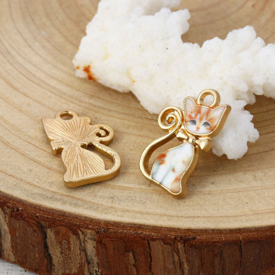 Immagine di Lega di Zinco Charms Gatto Oro Placcato Arancione Smalto 21mm x 13mm , 10 Pz