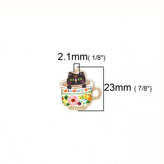 Bild von Zinklegierung Charms Glas Vergoldet Bunt Katze Emaille 23mm x 23mm, 10 Stück