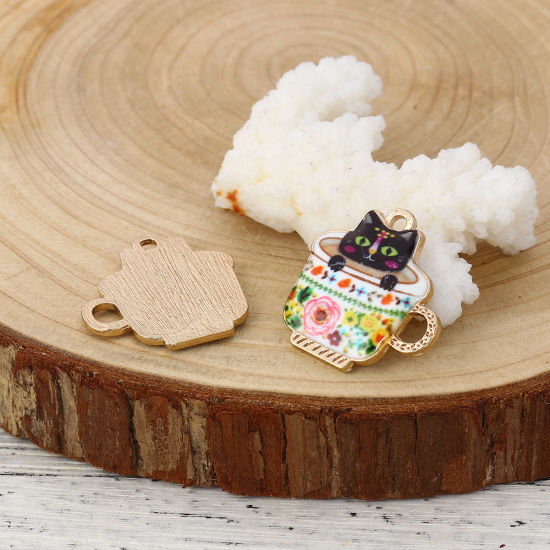 Bild von Zinklegierung Charms Glas Vergoldet Bunt Katze Emaille 23mm x 23mm, 10 Stück