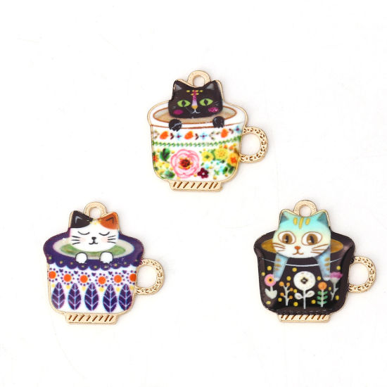 Bild von Zinklegierung Charms Glas Vergoldet Bunt Katze Emaille 23mm x 23mm, 10 Stück