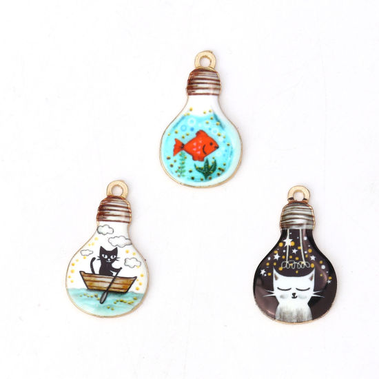 Picture of Zinc Based Alloy Charms Bulb Gold Plated Black Cat Enamel 28mm(1 1/8") x 17mm( 5/8"), 10 PCs