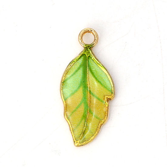 Picture of Zinc Based Alloy Charms Leaf Gold Plated Green & Yellow Enamel 22mm( 7/8") x 10mm( 3/8"), 10 PCs