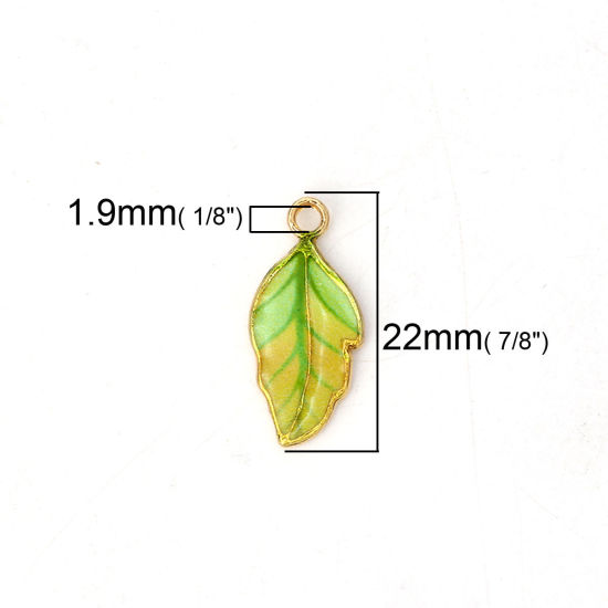 Picture of Zinc Based Alloy Charms Leaf Gold Plated Green & Yellow Enamel 22mm( 7/8") x 10mm( 3/8"), 10 PCs