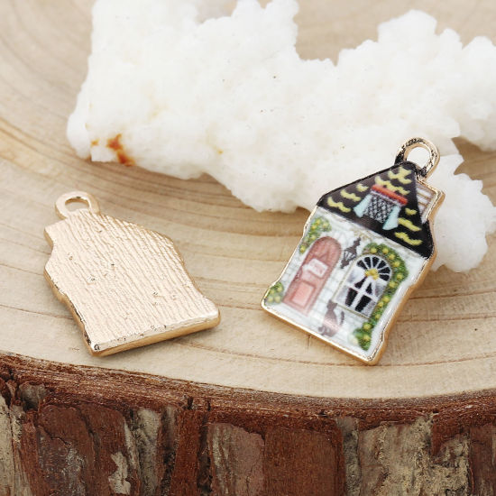 Picture of Zinc Based Alloy Charms House Gold Plated Multicolor Enamel 22mm( 7/8") x 13mm( 4/8"), 10 PCs