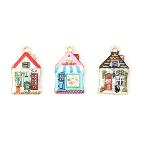 Picture of Zinc Based Alloy Charms House Gold Plated Multicolor Enamel 22mm( 7/8") x 13mm( 4/8"), 10 PCs