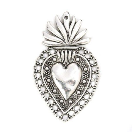 Picture of Zinc Based Alloy Pendants Ex Voto Heart Antique Silver Color 41mm x 24mm, 5 PCs
