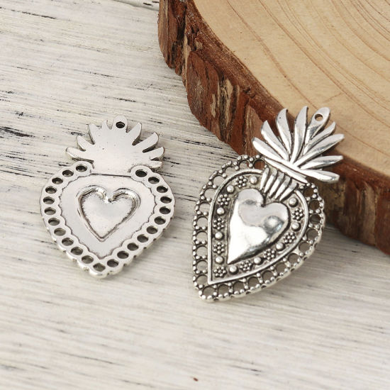 Picture of Zinc Based Alloy Pendants Ex Voto Heart Antique Silver Color 41mm x 24mm, 5 PCs