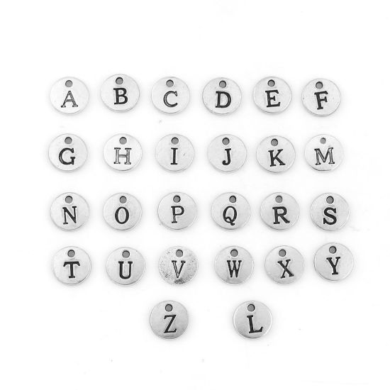 Bild von Zinklegierung Charms Rund Antiksilber Mix Anfangsbuchstabe Message " A-Z " 12mm D., 1 Set ( 26 Stück/Set)