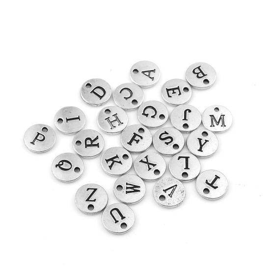 亜鉛合金 チャーム 円形 銀古美 混合色 アルファベット 文字 " A-Z " 12mm直径、 1 セット ( 26 個/セット) の画像