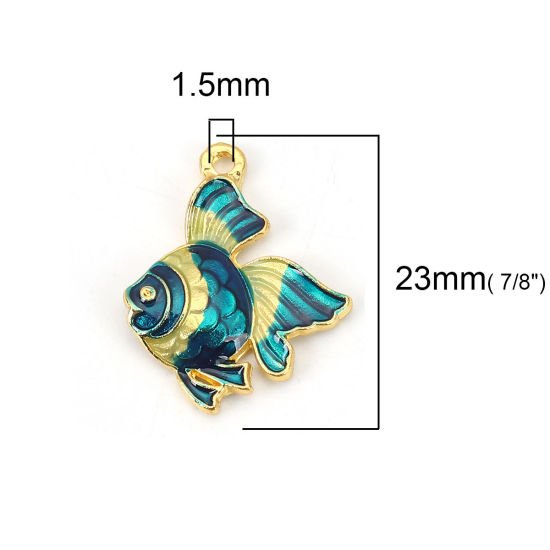 Bild von Zinklegierung Ozean Schmuck Charms Fisch Vergoldet Blau Emaille 23mm x 18mm, 5 Stück