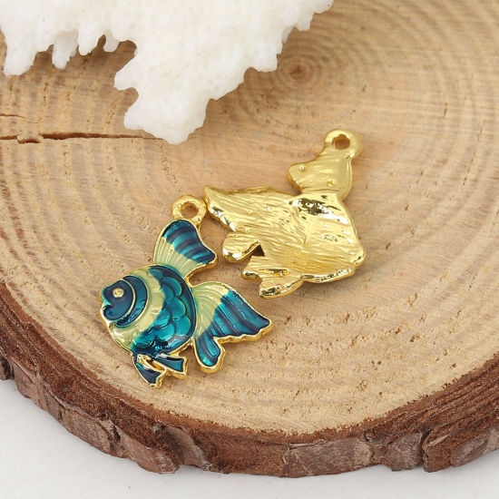 Picture of Zinc Based Alloy Ocean Jewelry Charms Fish Animal Gold Plated Blue Enamel 23mm( 7/8") x 18mm( 6/8"), 5 PCs