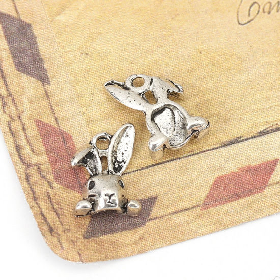 Image de Breloques en Alliage de Zinc Lapin Argent Vieilli (Apparié à Strass ss5 Dos en Pointe) 14mm x 9mm, 50 Pcs