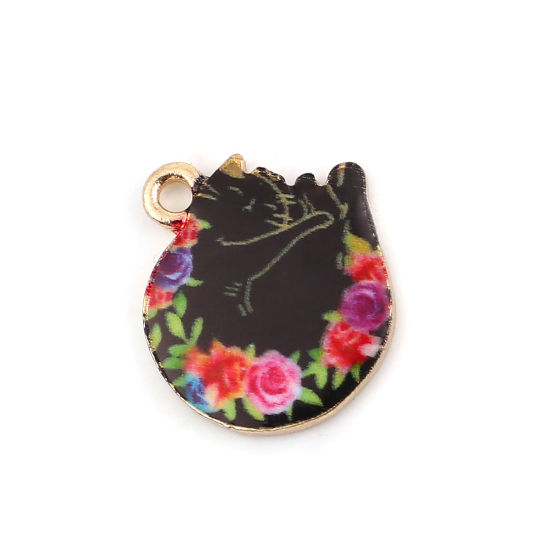 Picture of Zinc Based Alloy Charms Cat Animal Gold Plated Black & Red Flower 15mm( 5/8") x 14mm( 4/8"), 10 PCs