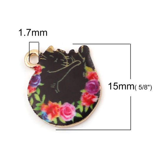 Immagine di Lega di Zinco Charms Gatto Oro Placcato Nero & Rosso Fiore 15mm x 14mm , 10 Pz