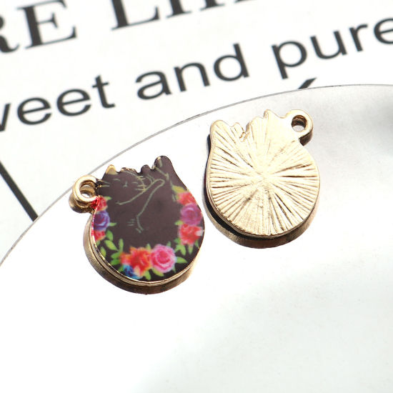 Immagine di Lega di Zinco Charms Gatto Oro Placcato Nero & Rosso Fiore 15mm x 14mm , 10 Pz