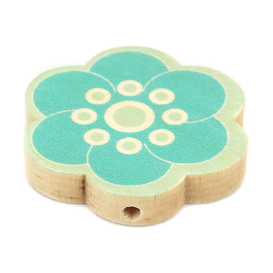 Image de Perles en Bois Naturel Fleur Bleu 30mm x 28mm, Trou: env. 2.3mm, 10 Pcs