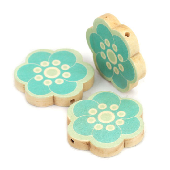 Image de Perles en Bois Naturel Fleur Bleu 30mm x 28mm, Trou: env. 2.3mm, 10 Pcs