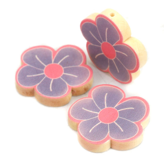 Image de Perles en Bois Naturel Fleur Violet 30mm x 30mm, Trou: env. 2mm, 10 Pcs