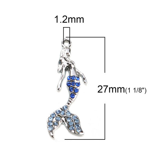 Picture of Zinc Based Alloy Charms Mermaid Silver Tone Blue Rhinestone 27mm x 10mm, 5 PCs