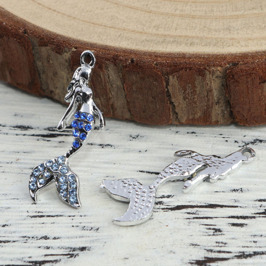 Picture of Zinc Based Alloy Charms Mermaid Silver Tone Blue Rhinestone 27mm x 10mm, 5 PCs