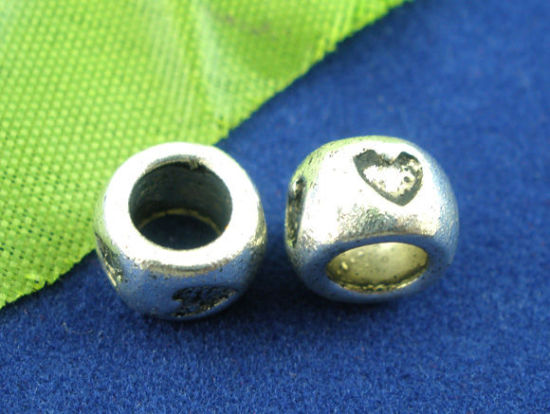 Immagine di Lega di Zinco Stile Europeo Perline Argento Antico Tondo Cuore 8mm x 5mm, Foro:Circa 4.7mm, 40 Pz