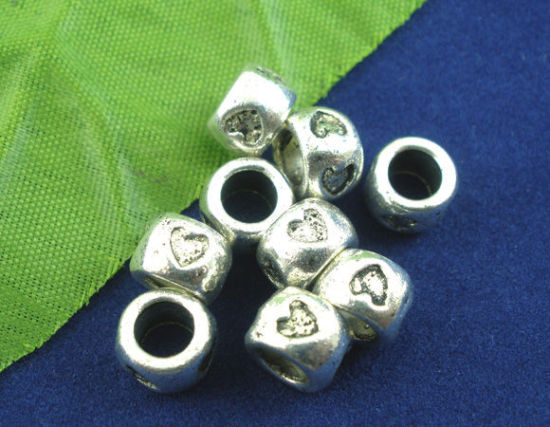 Immagine di Lega di Zinco Stile Europeo Perline Argento Antico Tondo Cuore 8mm x 5mm, Foro:Circa 4.7mm, 40 Pz