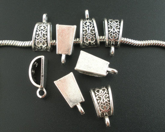 Picture of Zinc Based Alloy European Style Bail Beads Trapezoid Carved Pattern Antique Silver Color 19mm x 10mm, 20 PCs