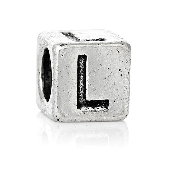 Image de Perles au Style Européen au Style Européen en Alliage de Zinc Cube Gravé Caractère avec Mots " L " Plaqué Env. 7mm x 7mm, Trou: 4.7mm, 20 Pcs