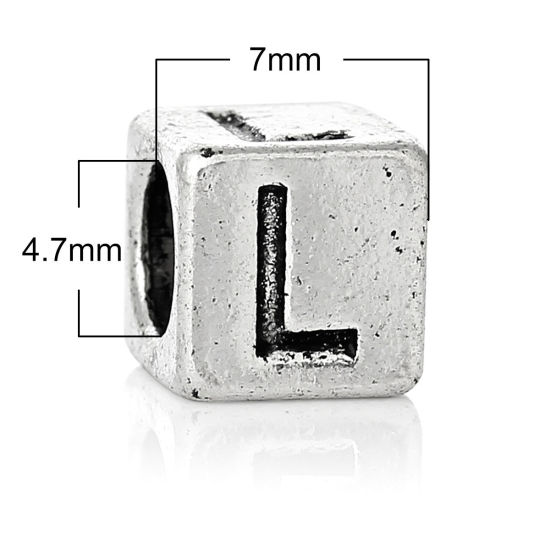 Immagine di Lega di Zinco Stile Europeo Fascino Stile Europeo Perline Cubo Lettere Scolpito " L Intagliato Colore Placcato Circa 7mm x 7mm, Foro: Circa 4.7mm, 20 Pz