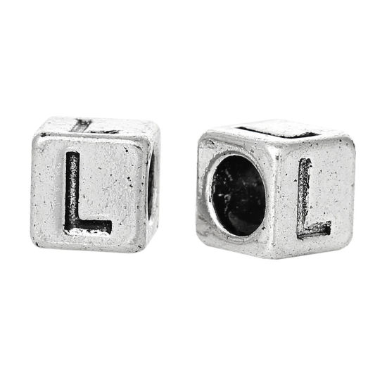 Immagine di Lega di Zinco Stile Europeo Fascino Stile Europeo Perline Cubo Lettere Scolpito " L Intagliato Colore Placcato Circa 7mm x 7mm, Foro: Circa 4.7mm, 20 Pz