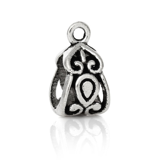Picture of Zinc Based Alloy European Style Bail Beads Triangle Carved Pattern Antique Silver Color 14mm x 8mm, 50 PCs