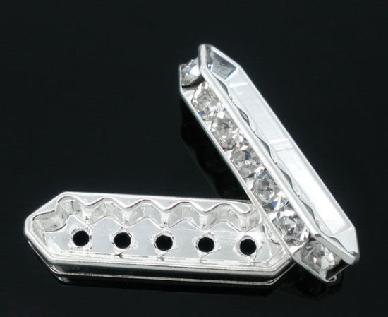 Bild von Zinklegierung + Strass Zwischenperlen Spacer Perlen Rechteck Versilbert Weiß Strass mit Strass ca. 27mm x 7.5mm, Loch:ca. 1.3mm, 10 Stück