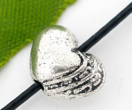 Picture of Zinc Based Alloy Beads Heart Antique Silver Color Carved Pattern Color Plated About 10mm x 7mm, Hole: Approx 1.1mm, 50 PCs
