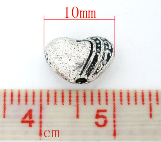 Bild von Zinklegierung Perlen Herz Antiksilber Geschnitzte Muster Farbe Plattiert ca. 10mm x 7mm, Loch:ca. 1.1mm, 50 Stück