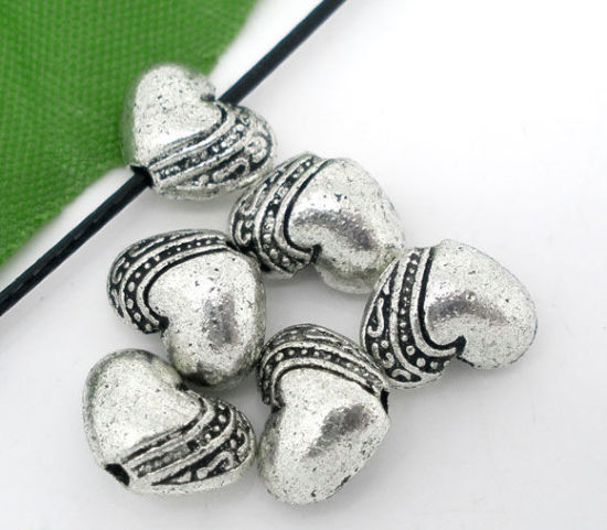 Image de Perles en Alliage de Zinc Cœur Argent Vieilli Motif Sculpté Plaqué Env. 10mm x 7mm, Trou: env. 1.1mm, 50 Pcs
