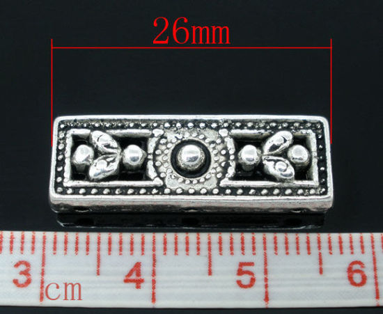 Bild von Zinklegierung Zwischenperlen Spacer Perlen Rechteck Antiksilber Filigran Farbe Plattiert ca. 26mm x 9mm, Loch:ca. 1mm, 20 Stück