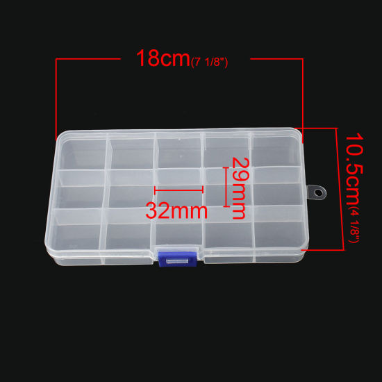Bild von Plastik Einstellbar Perlenbox Sortierbox Rechteck Transparent 18cm x 10.5cm 1 Stück (15 Fächer)