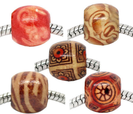 Natural Wood European Style Large Hole Charm Beads Barrel Mixed Pattern 12x11mm, Hole: Approx 4.8mm, 100 PCs