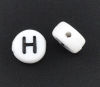 Picture of Acrylic Spacer Beads Flat Round White Alphabet/ Letter "H" About 7mm Dia, Hole: Approx 1mm, 500 PCs
