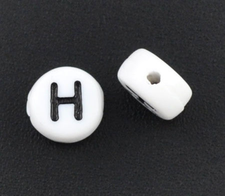 Immagine di Acrilato Separatori Perline Tondo Piatto Bianco Lettera Disegno "H" Circa 7mm Dia, Foro: Circa 1mm, 500 Pz