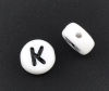 Picture of Acrylic Spacer Beads Flat Round White Alphabet/ Letter "K" About 7mm Dia, Hole: Approx 1mm, 500 PCs