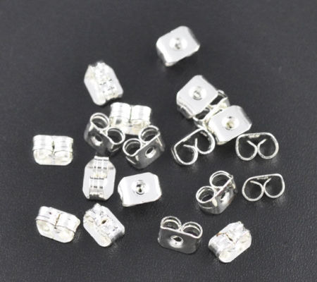 Picture of Brass Ear Nuts Post Stopper Earring Findings Butterfly Silver Plated 5mm( 2/8") x 4mm( 1/8"), 500 PCs