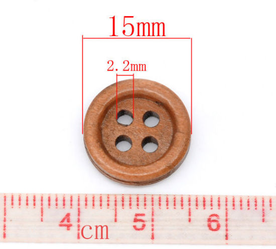 Imagen de Costura Botón Cuatro Agujeros Madera de Ronda,Café 15mm Diámetro, 150 Unidades