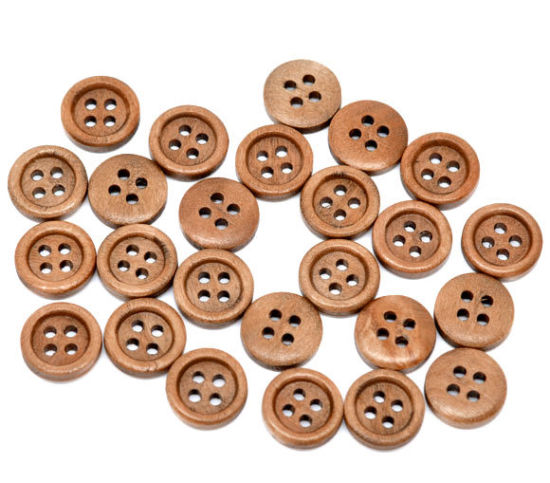 Imagen de Costura Botón Cuatro Agujeros Madera de Ronda,Café 15mm Diámetro, 150 Unidades