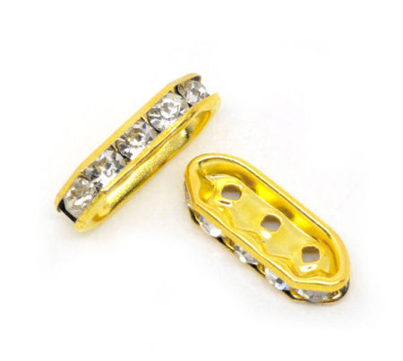Picture of 30 PCs Brass Spacer Beads For DIY Jewelry Making Gold Plated Rectangle Clear Rhinestone About 18mm x 7mm, Hole: Approx 1.2mm